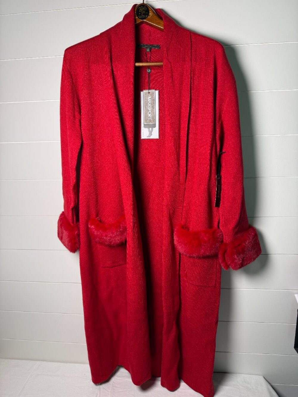 NWT Max Sport Long Open Front Cardigan Red Size Medium  Faux Fur Cuffs & Pockets